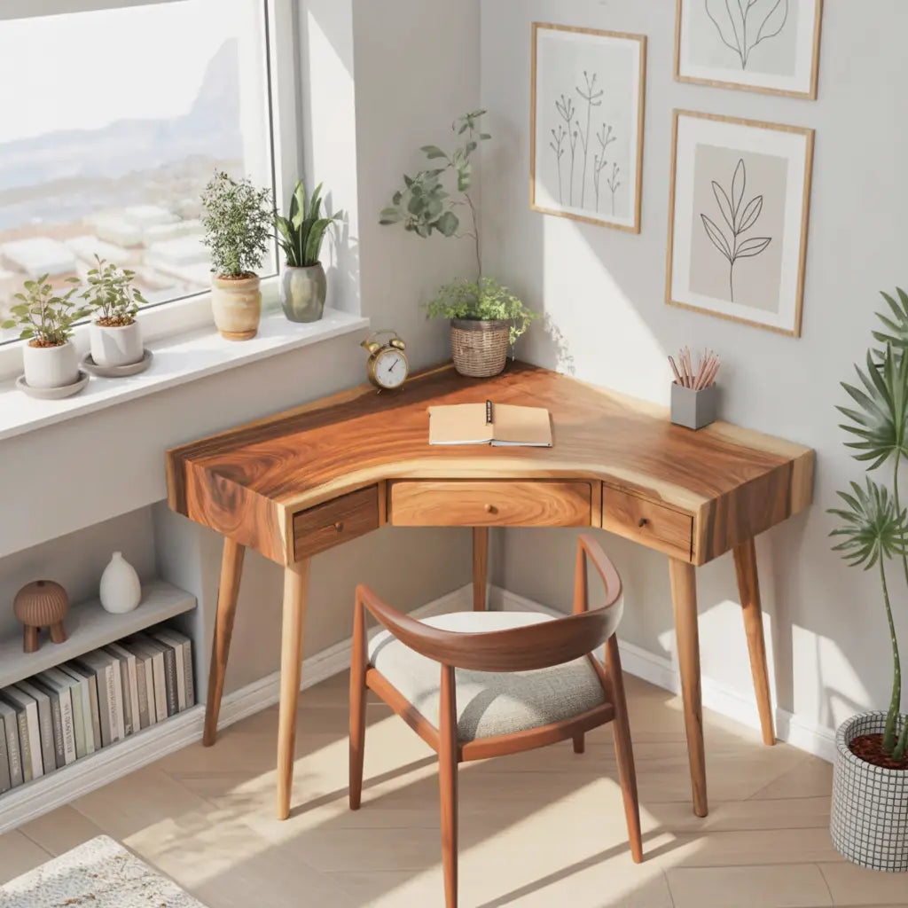 Mid Century Corner Wooden Desk With Drawer For Home Office Or Study Kitchnce