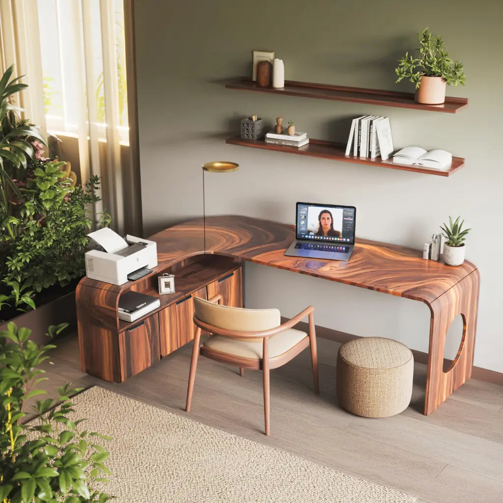 Modern L Shaped Wooden Desk With Rounded Corners For Executive Office Kitchnce