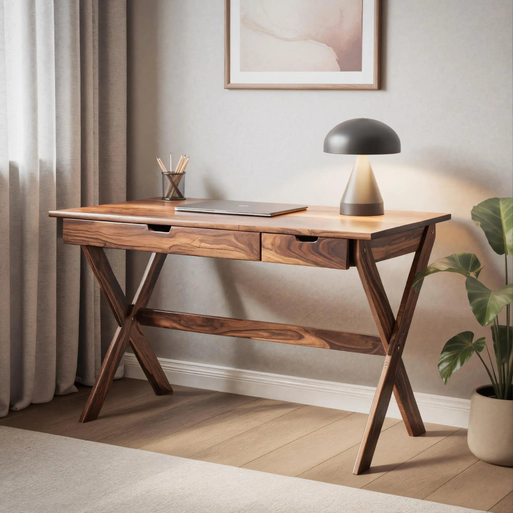 Scandinavian Wooden Desk with X Shaped Legs For Home Office Or Study Kitchnce
