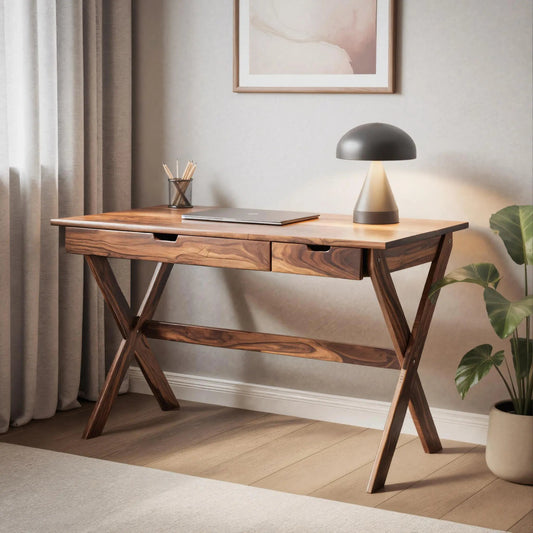 Scandinavian Wooden Desk with X Shaped Legs For Home Office Or Study Kitchnce