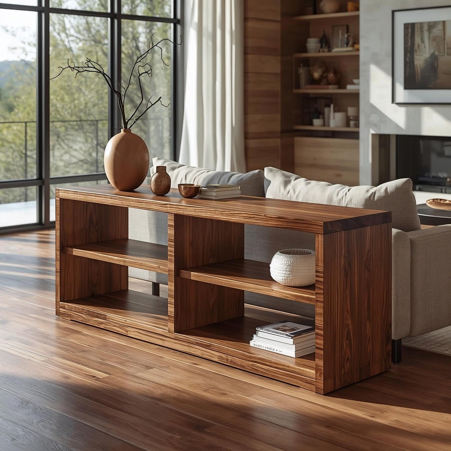 Modern Solid Wood Console Cabinet with Open Shelving – Stylish Living Room Storage