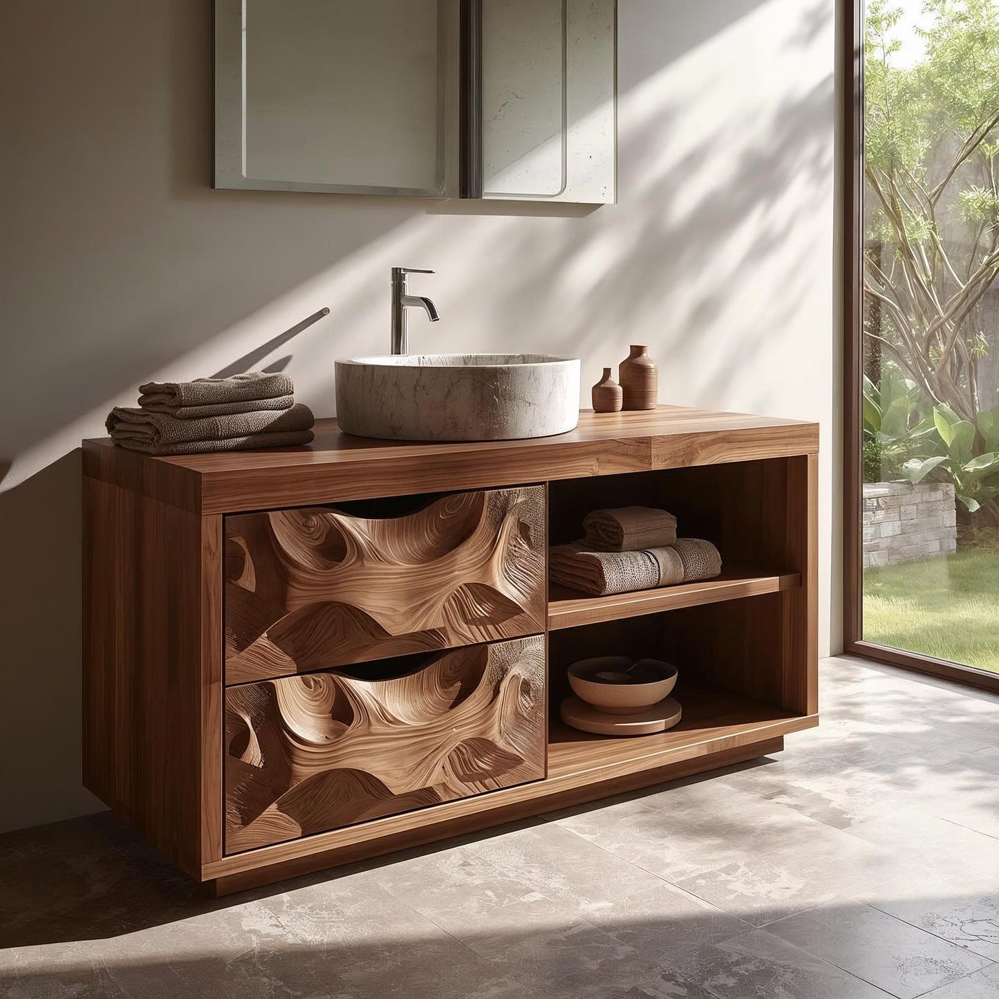 Carved Solid Wood Bathroom Vanity with Storage – Modern Wall-Mounted Unit