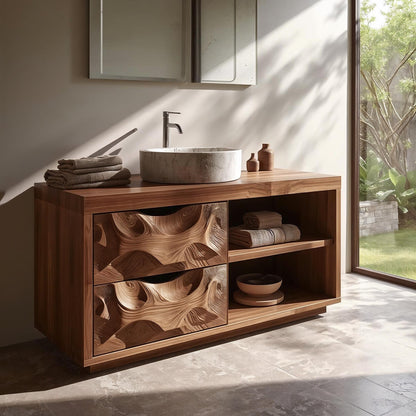 Carved Solid Wood Bathroom Vanity with Storage – Modern Wall-Mounted Unit