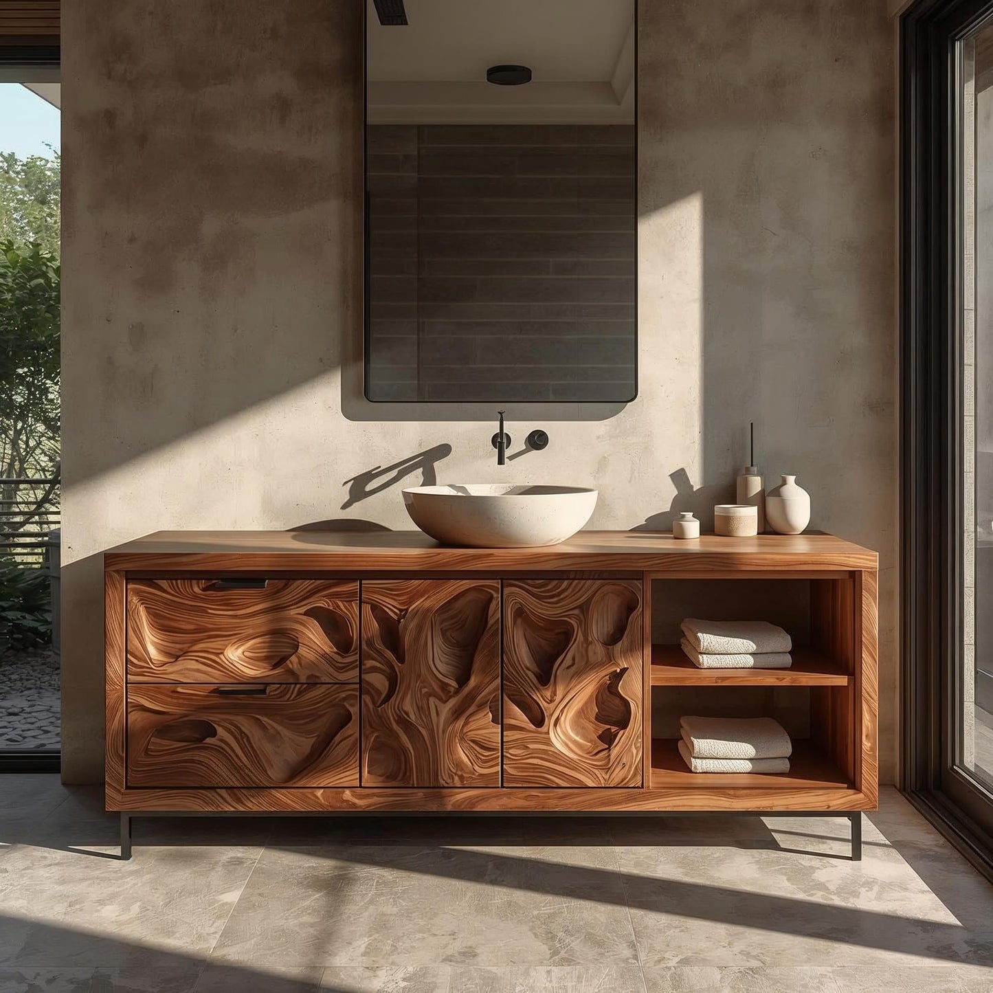 Solid Wood Bathroom Vanity with Sculpted Organic Design – Modern Storage Cabinet