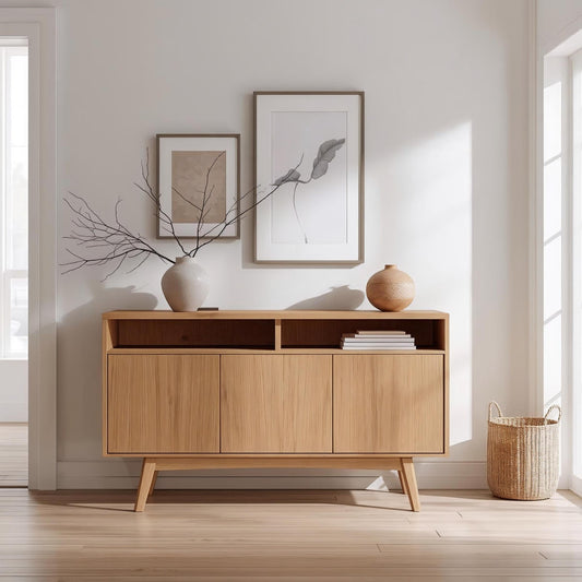 Mid-Century Modern Solid Wood Console Cabinet with Open Shelf and Storage