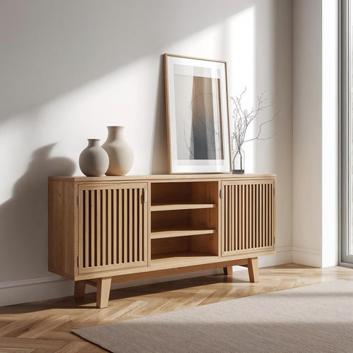 Modern Oak Console Cabinet with Vertical Slatted Doors – Stylish Storage for Living Room