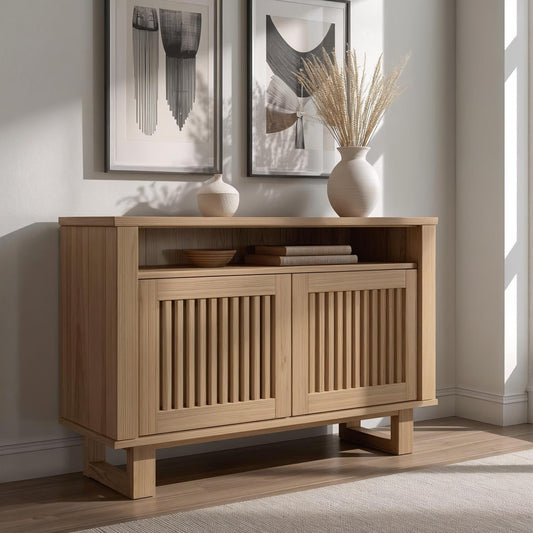 Modern Console Cabinet with Vertical Slatted Doors – Elegant Storage Solution