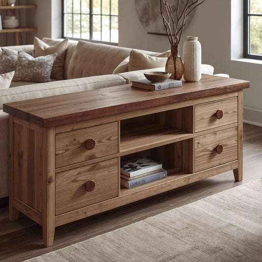 Solid Wood Console Cabinet with 2 Drawers & Open Shelving – Modern Storage Solution