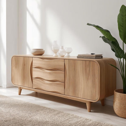 Solid Wood Console Table with Wave Drawers – Modern Entryway Storage Cabinet