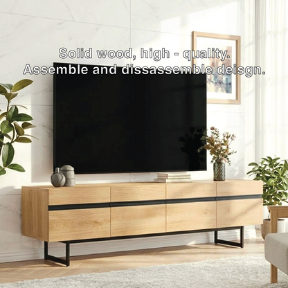 Modern Solid Wood TV Stand Long Media Console with Black Accent and Metal Legs