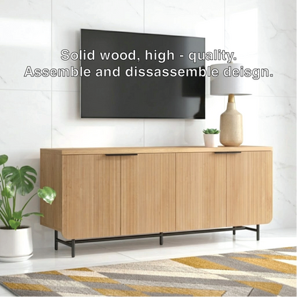 Modern Solid Wood TV Stand Fluted Front Media Console with Metal Base Storage Unit