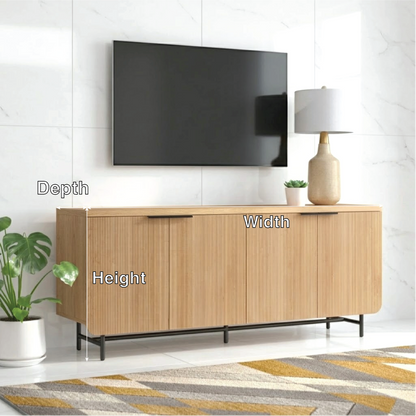Modern Solid Wood TV Stand Fluted Front Media Console with Metal Base Storage Unit