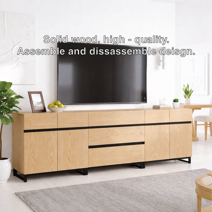 Modern Solid Wood TV Stand Long Media Console with Drawers Black Accent Lines