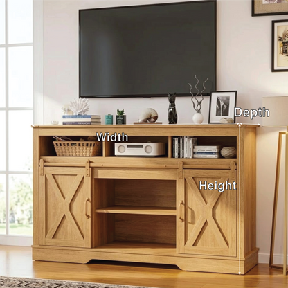Farmhouse Solid Wood TV Stand Sliding Barn Door Media Console with Open Storage
