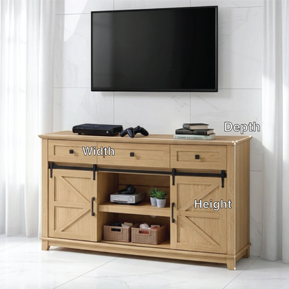 Solid Wood TV Stand with Sliding Barn Doors Drawers and Open Shelf