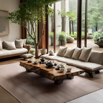 Japanese Style Solid Wood Tea Table with Live Edge Slab Top