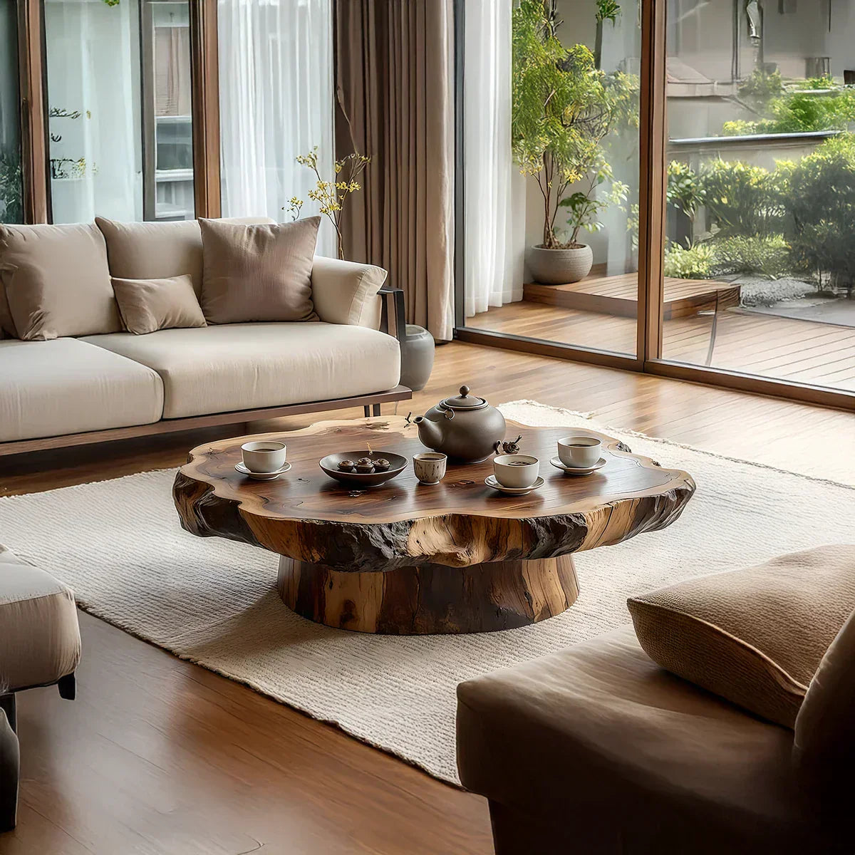Round Live Edge Wood Coffee Table with Pedestal Base