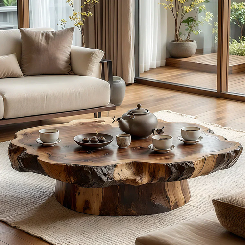 Round Live Edge Wood Coffee Table with Pedestal Base