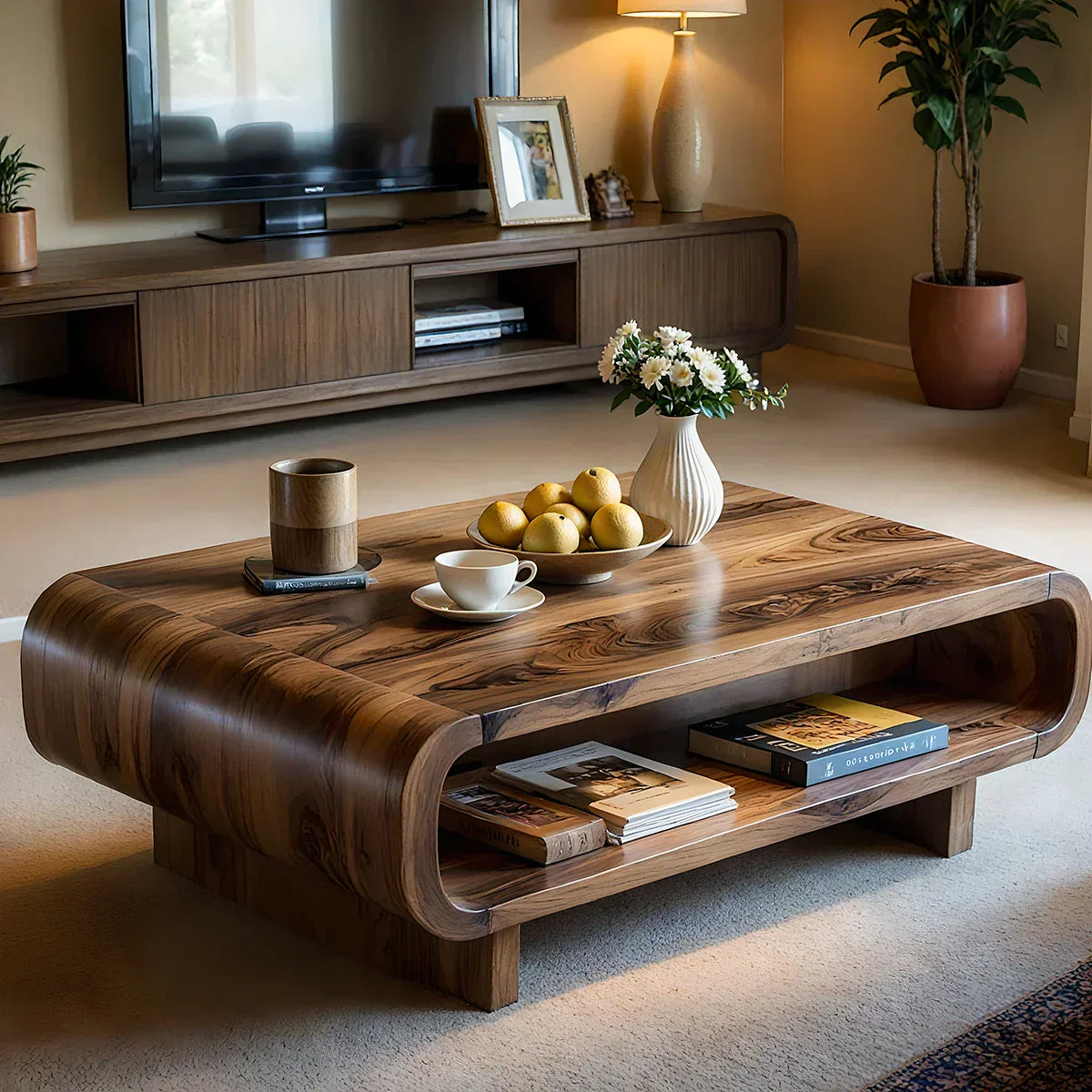 Curved Solid Wood Coffee Table with Open Shelf Storage