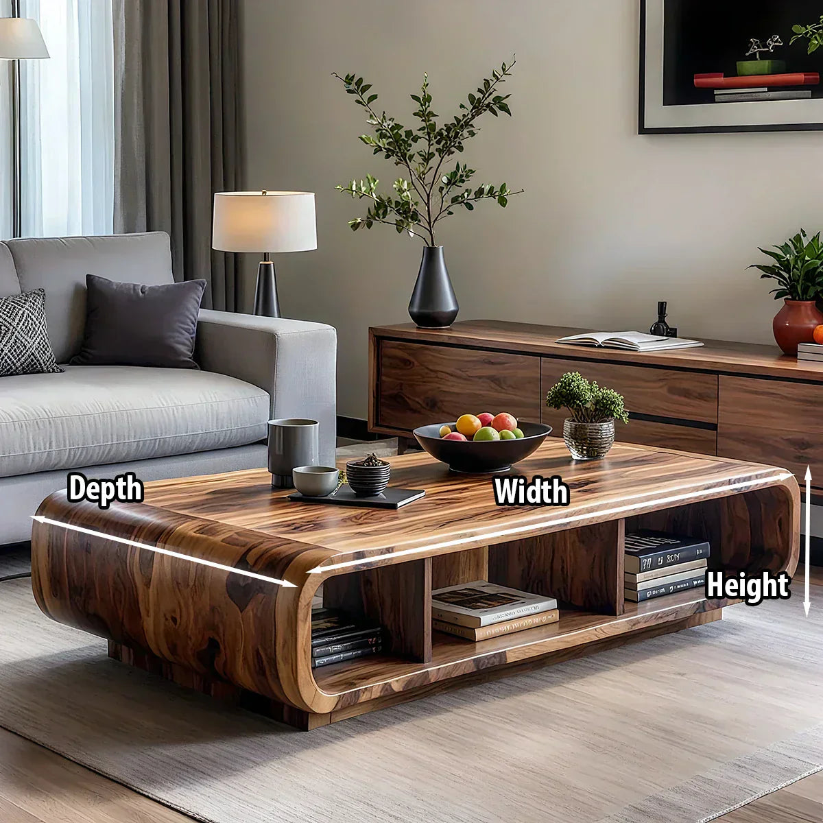 Live Edge Curved Wood Coffee Table with Open Shelf Storage