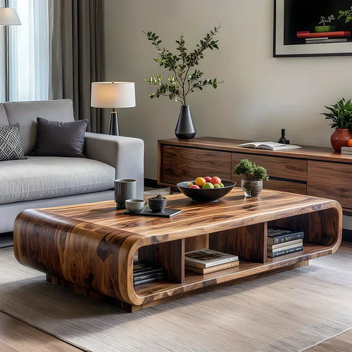 Live Edge Curved Wood Coffee Table with Open Shelf Storage