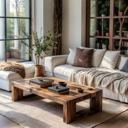 Solid Wood Block Coffee Table Rustic Minimalist Low Center Table