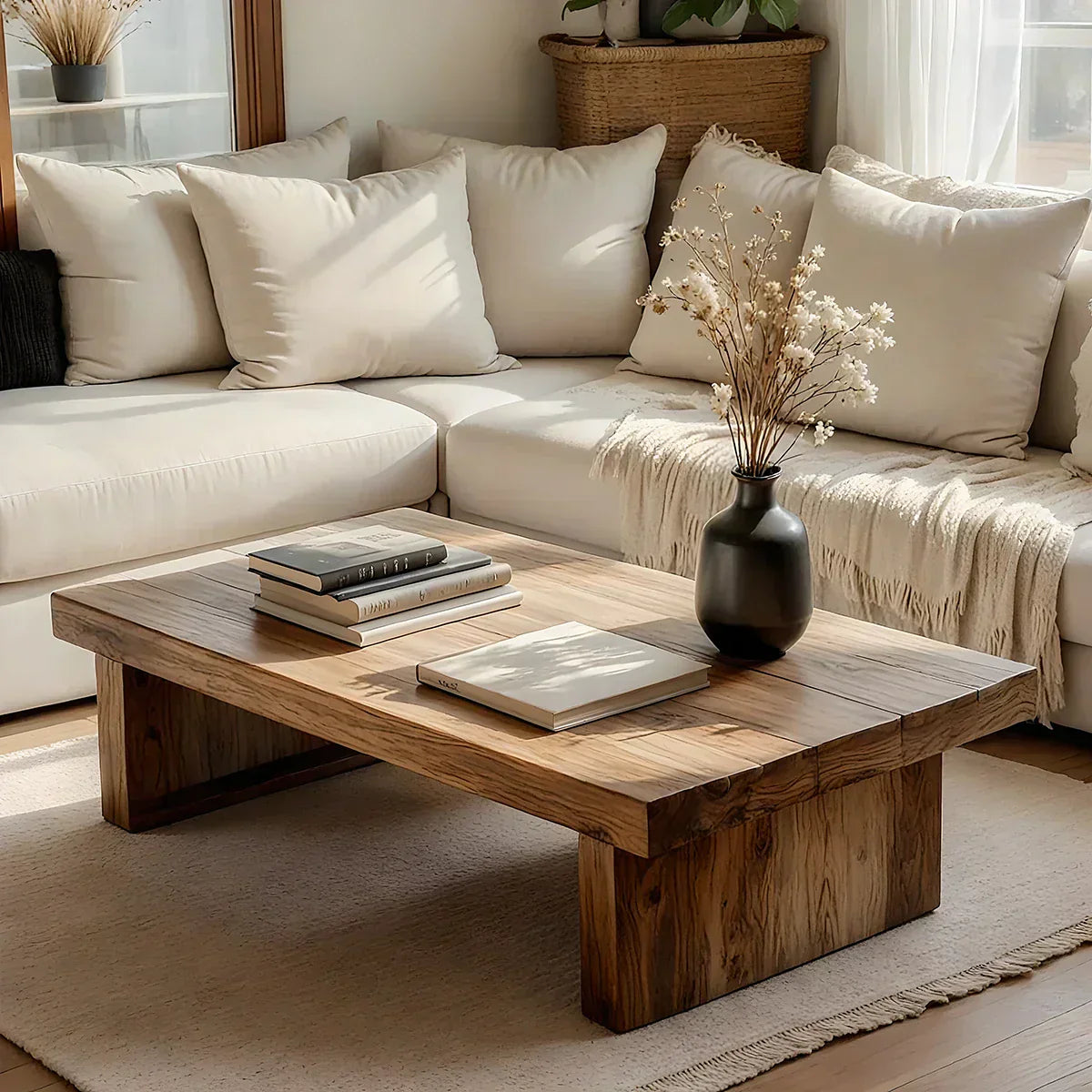 Minimalist Solid Wood Coffee Table Rustic Low Block Center Table