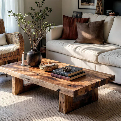 Handcrafted Solid Wood Coffee Table Rustic Low Block Center Table