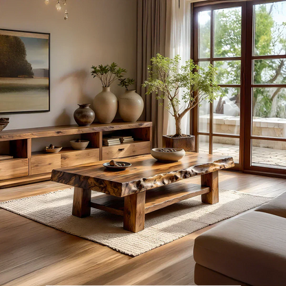 Solid Wood Coffee Table with Live Edge Top and Open Shelf Base
