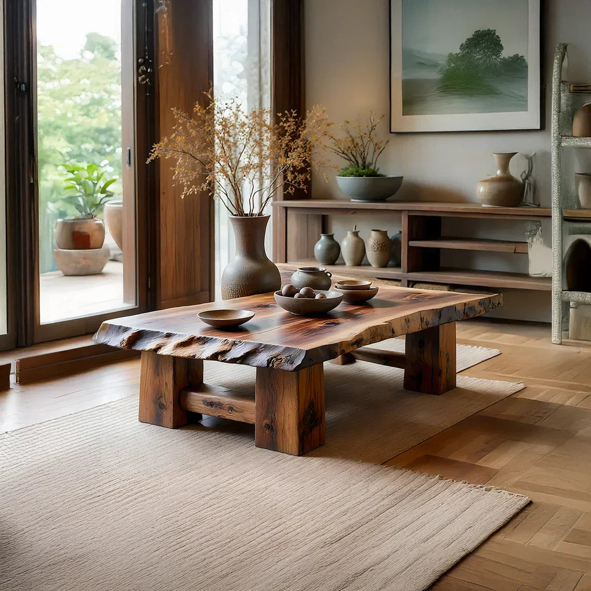 Rustic Solid Wood Coffee Table with Live Edge Top and Thick Block Legs
