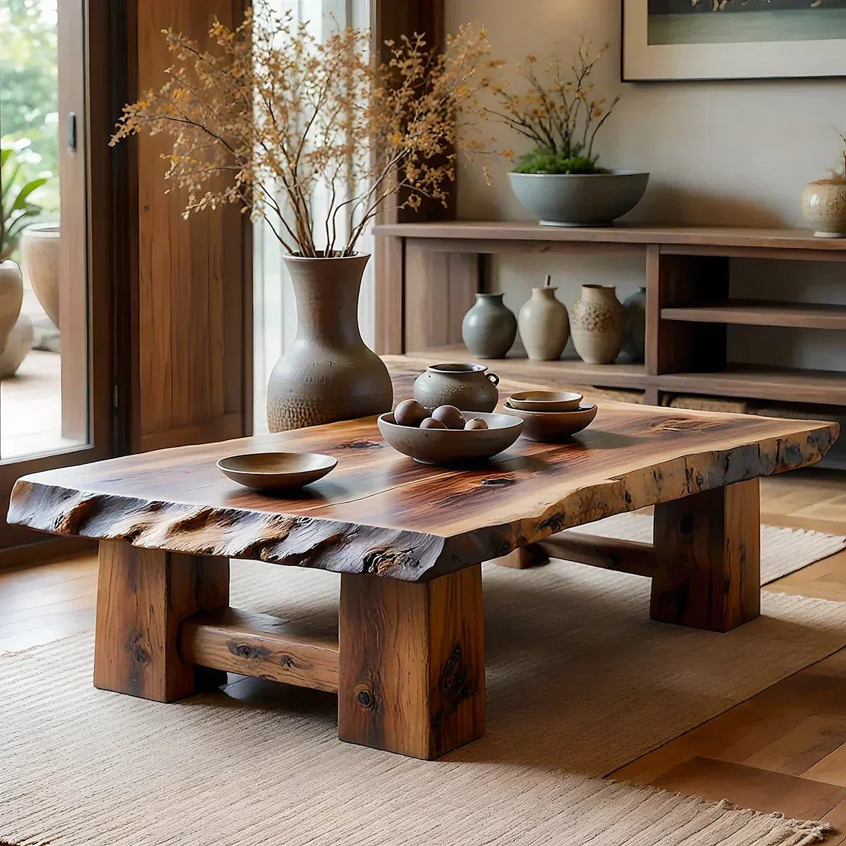 Rustic Solid Wood Coffee Table with Live Edge Top and Thick Block Legs