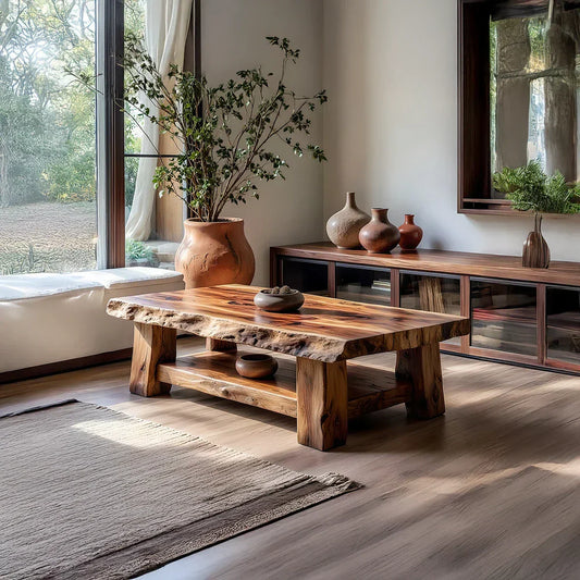 Live Edge Solid Wood Coffee Table with Lower Shelf and Rustic Frame
