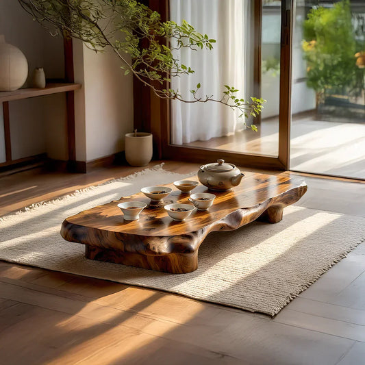 Organic Solid Wood Tea Table with Sculpted Base and Live Edge Form