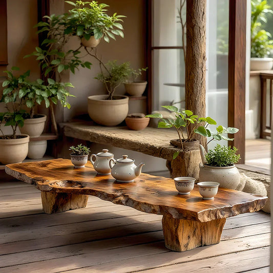 Handcrafted Solid Wood Tea Table with Live Edge and Rustic Block Base