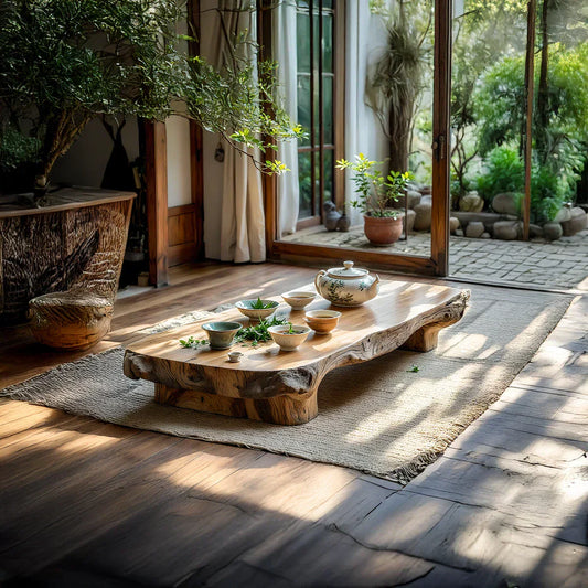 Low Solid Wood Tea Table with Natural Live Edge and Organic Base