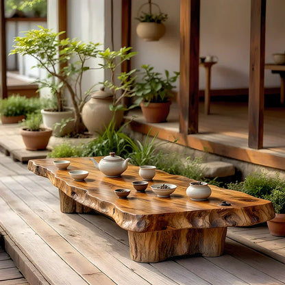 Low Profile Solid Wood Coffee Table with Live Edge and Rustic Base
