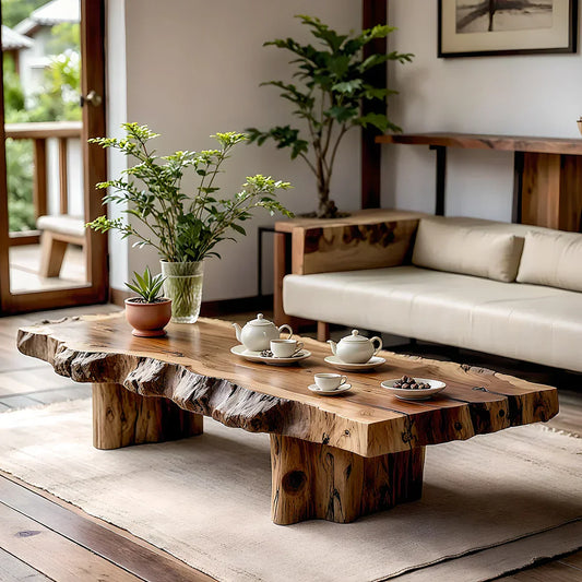 Live Edge Solid Wood Coffee Table with Rustic Block Base