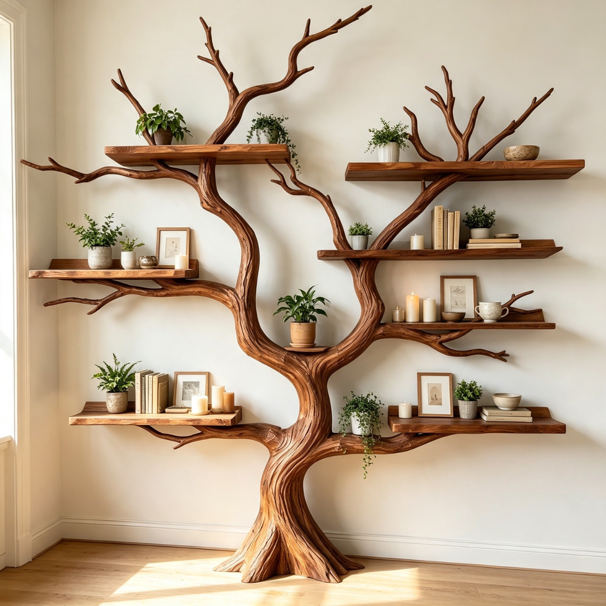 Handcrafted Solid Wood Tree Bookshelf with Organic Branch Shelves
