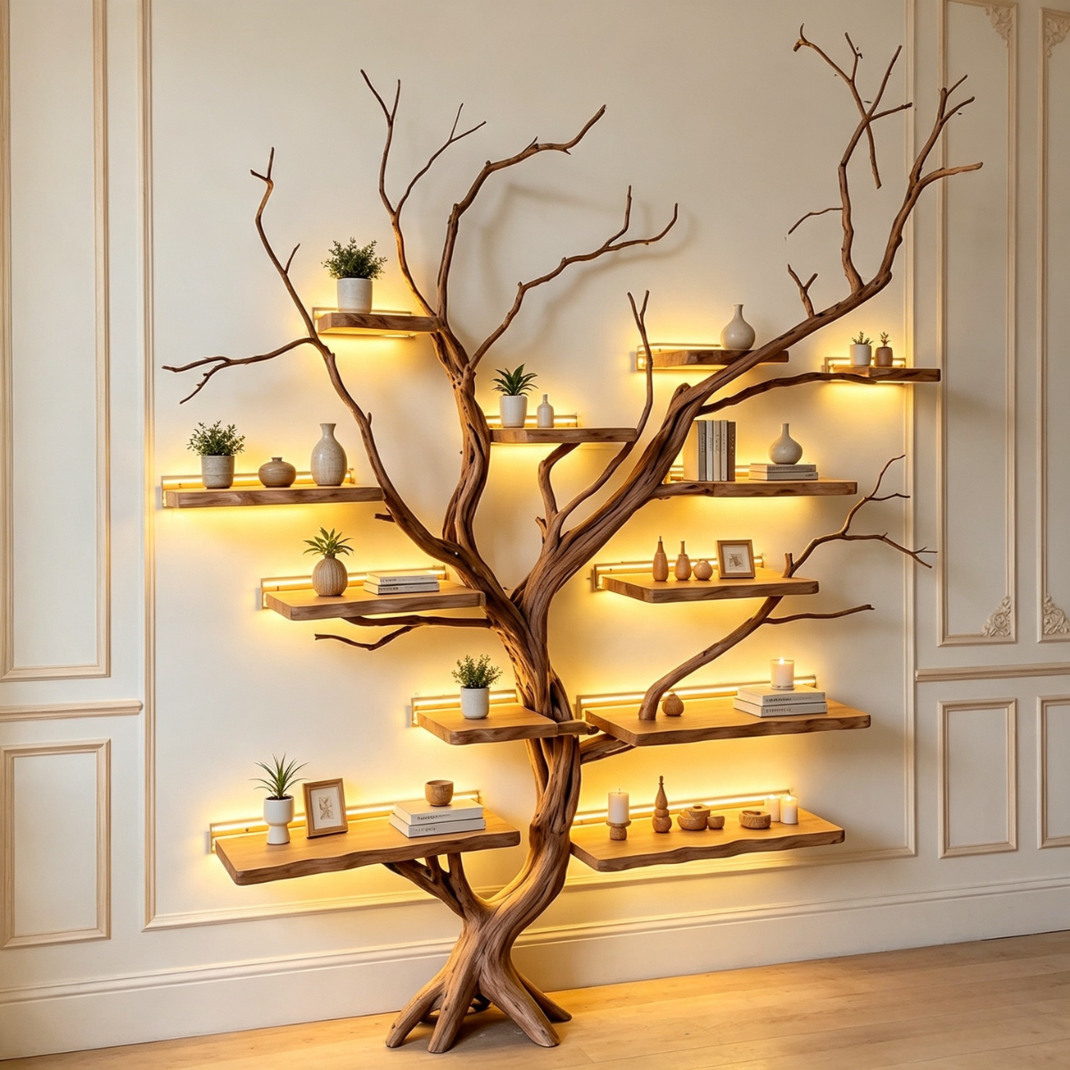 Handcrafted Solid Wood Tree Bookshelf with Branch Shelves