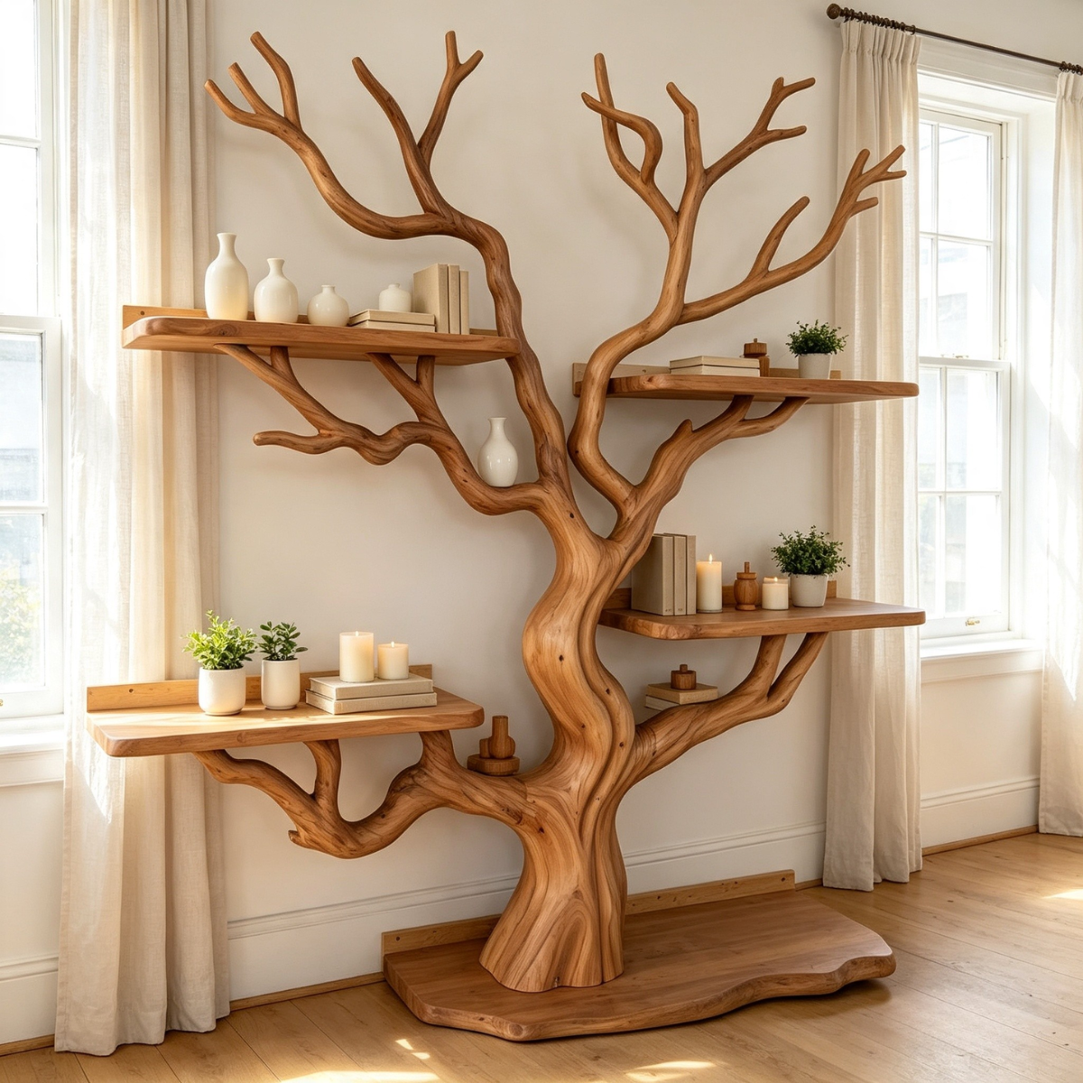 Handcrafted Solid Wood Tree Bookshelf Freestanding Branch Display Shelf