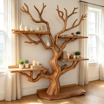 Handcrafted Solid Wood Tree Bookshelf Freestanding Branch Display Shelf