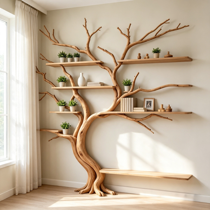 Handcrafted Sculptural Tree Bookshelf Solid Wood Branch Shelving Unit