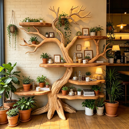 Handcrafted Solid Wood Tree Bookshelf with Natural Branch Shelves