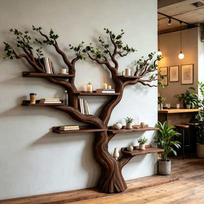 Handcrafted Solid Wood Tree Bookshelf with Leafy Branch Design