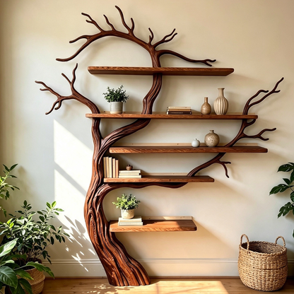 Sculptural Solid Wood Tree Bookshelf with Floating Shelves