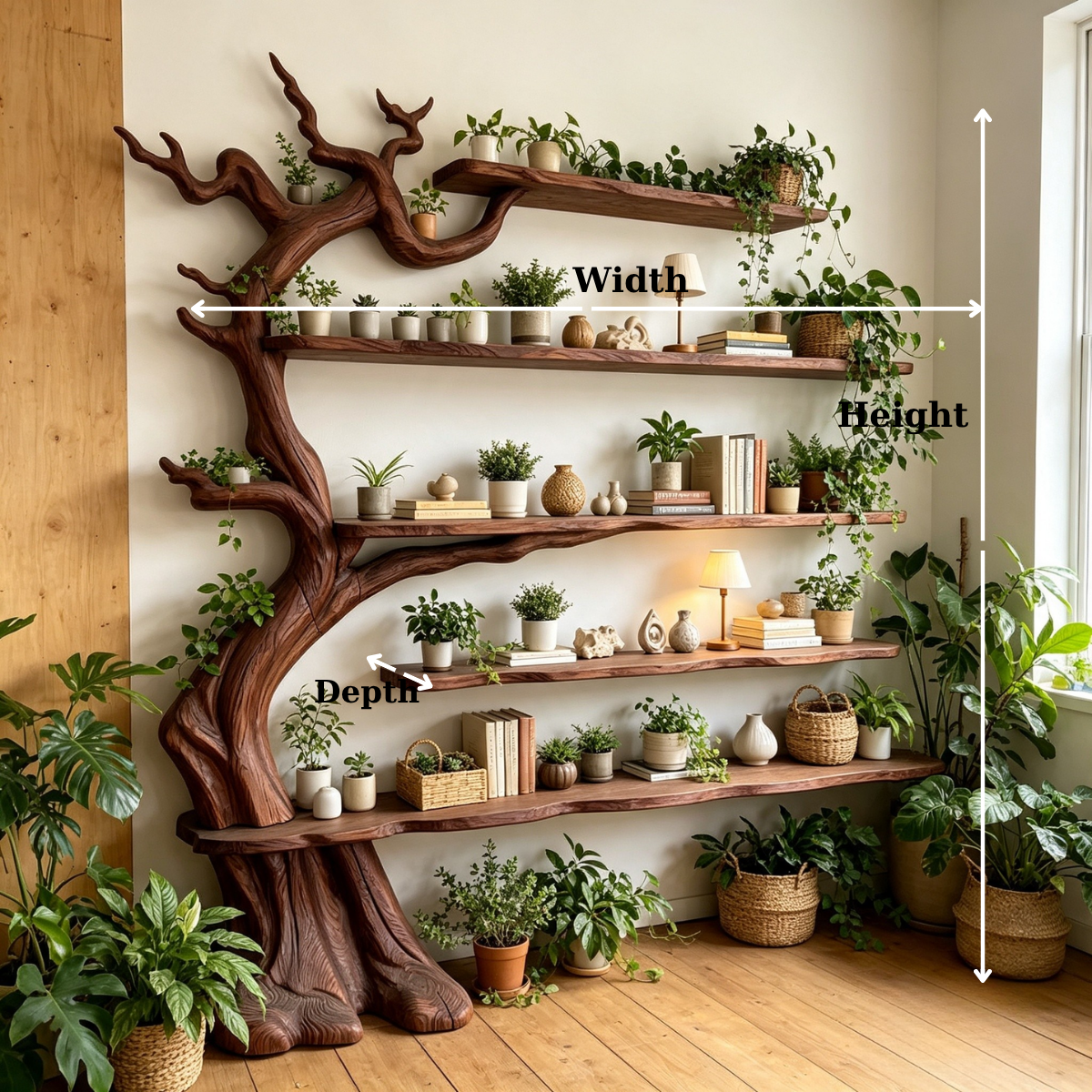 Handcrafted Solid Wood Tree Bookshelf with Floating Shelves