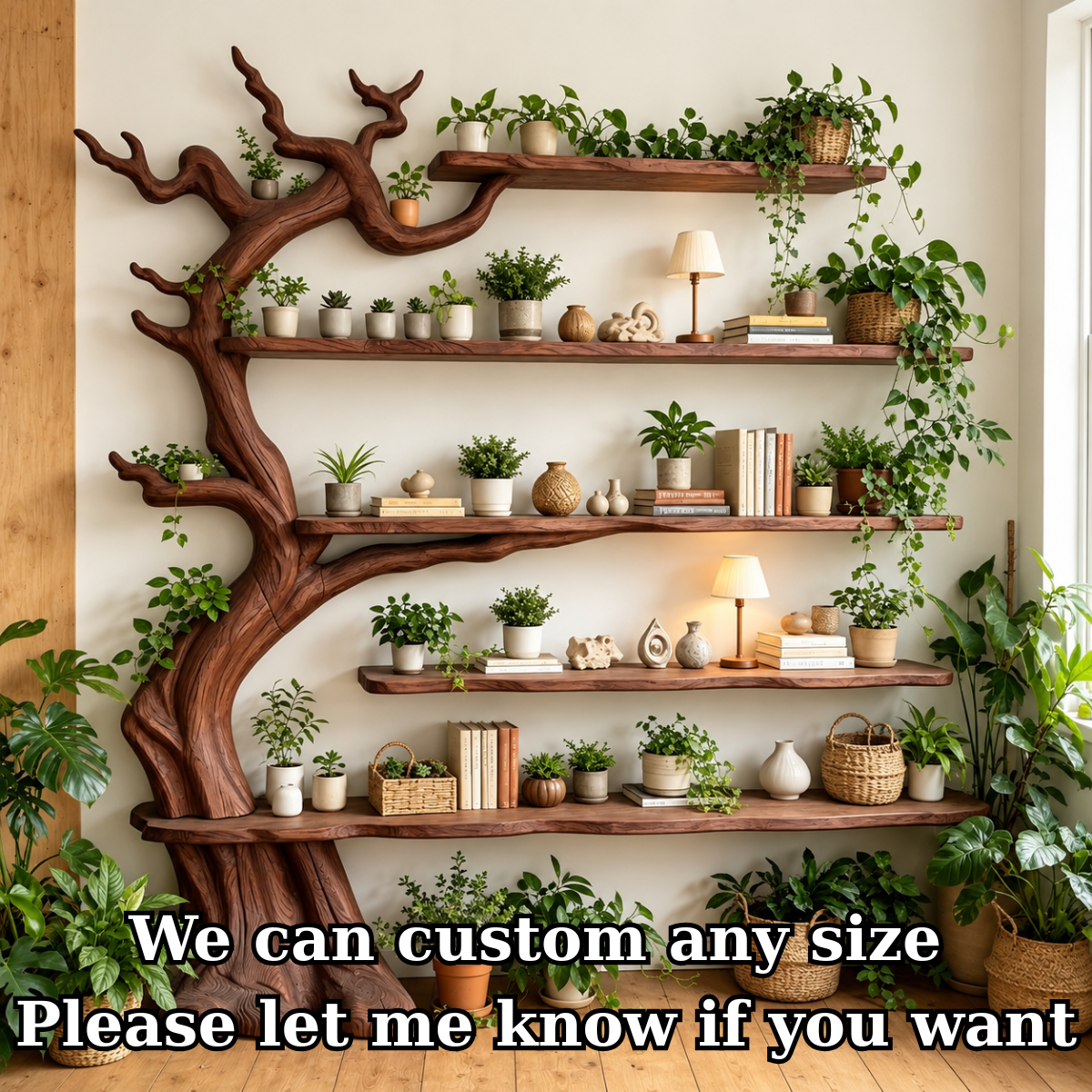 Handcrafted Solid Wood Tree Bookshelf with Floating Shelves