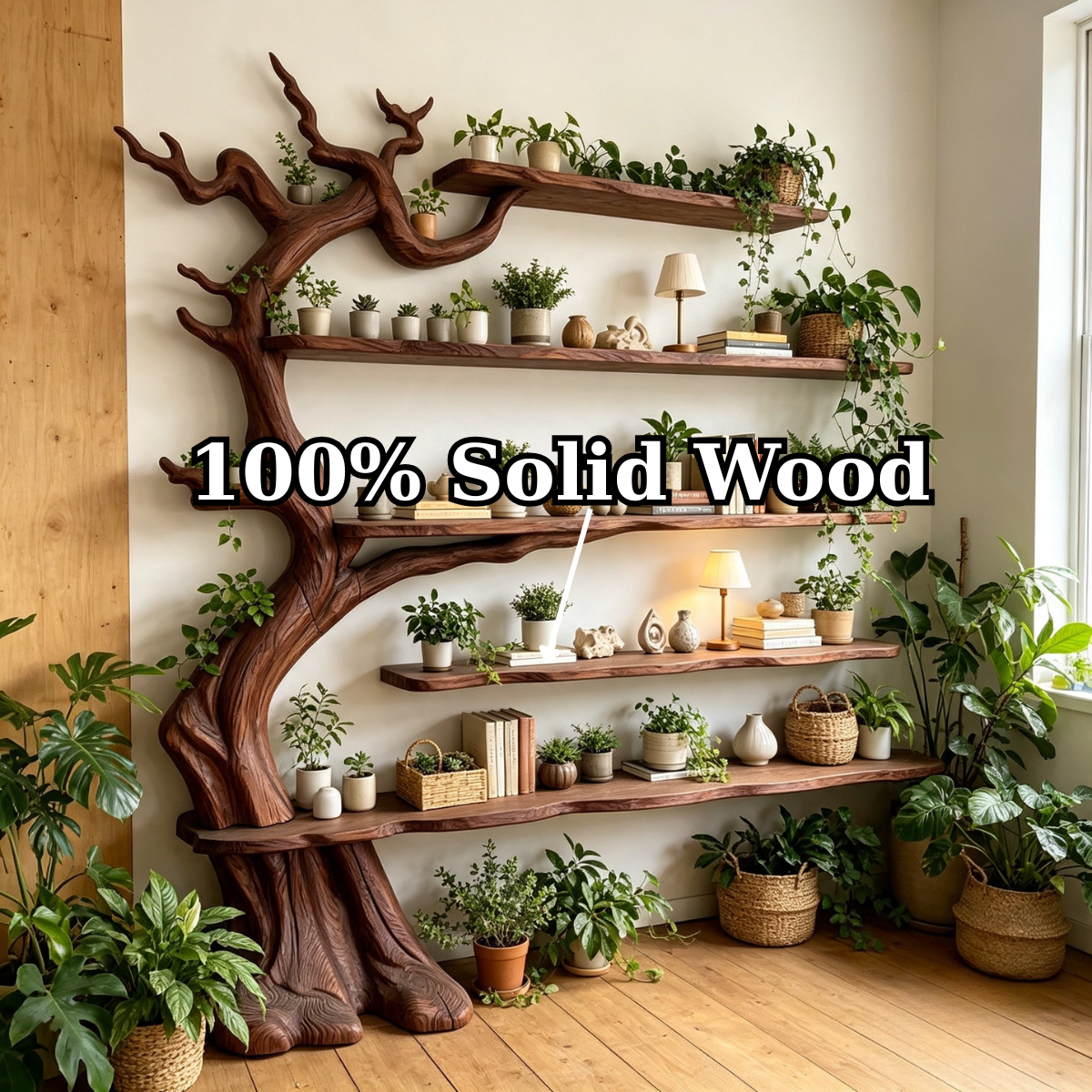 Handcrafted Solid Wood Tree Bookshelf with Floating Shelves