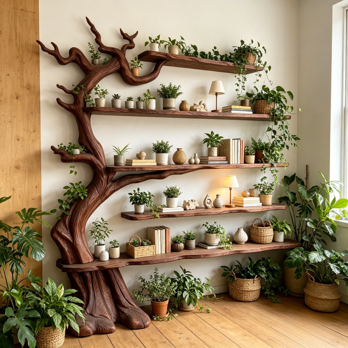 Handcrafted Solid Wood Tree Bookshelf with Floating Shelves