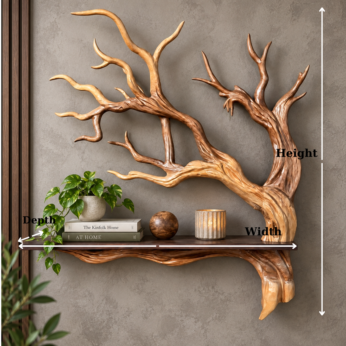 Sculptural Solid Wood Branch Wall Shelf